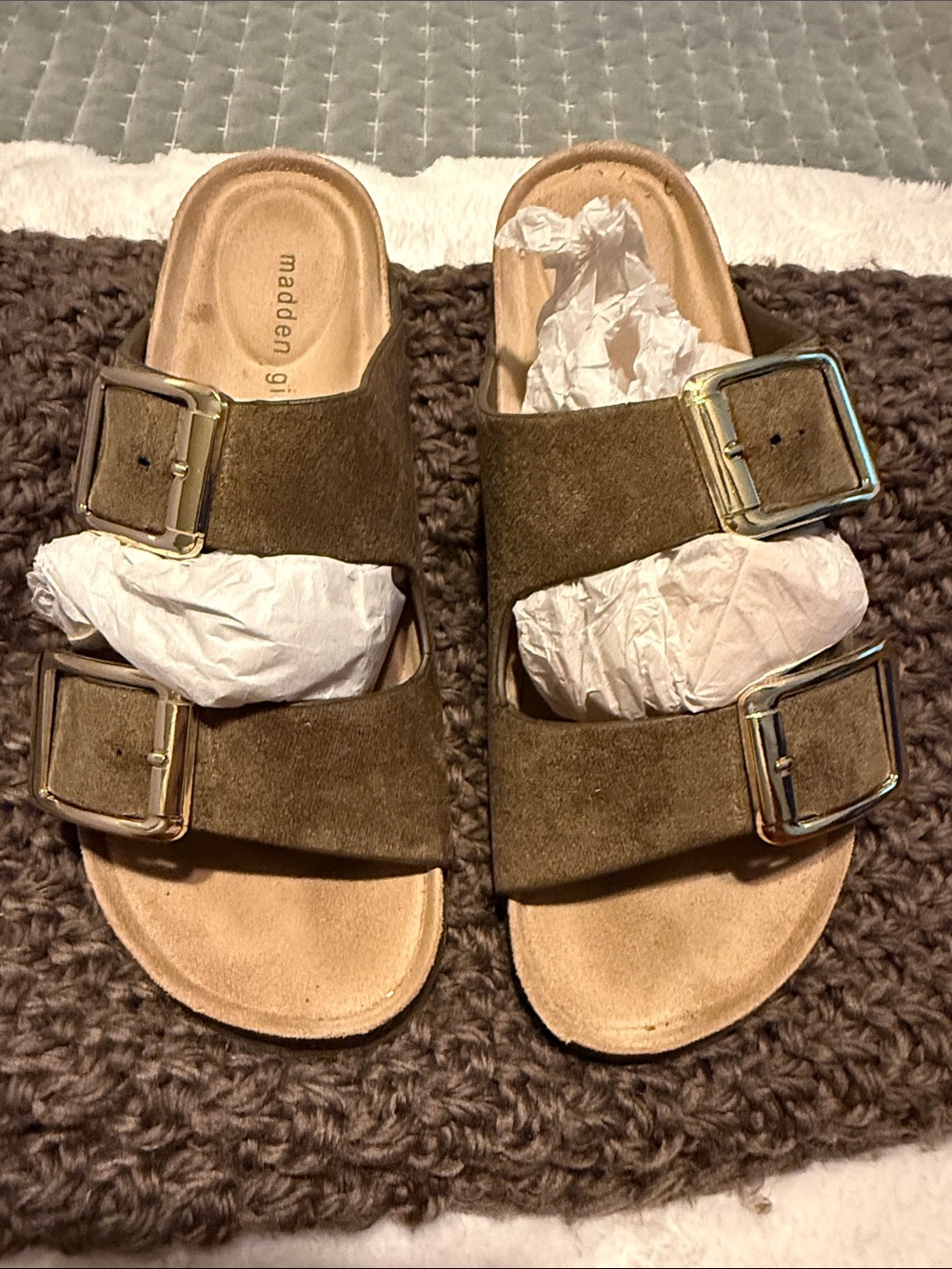 Madden Girl Olive Suede Double Buckle Slide Sandals